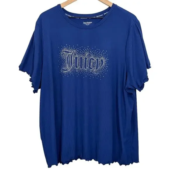 Juicy Couture 2X Velour Pajama Set Blue Rhinestone Top Black Logo Pants Y2K - Picture 2 of 7